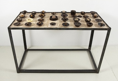 <h3>MICHELLE STUART</h3>
						<h4><em>Collection Table (For Rumpf)</em></h4>
						1997</br>
						Assorted seeds, beeswax and brown wax containers, <br />
						paper, and table (wood and iron)</br>
						36 x 43 x 18 inches</br>
                        