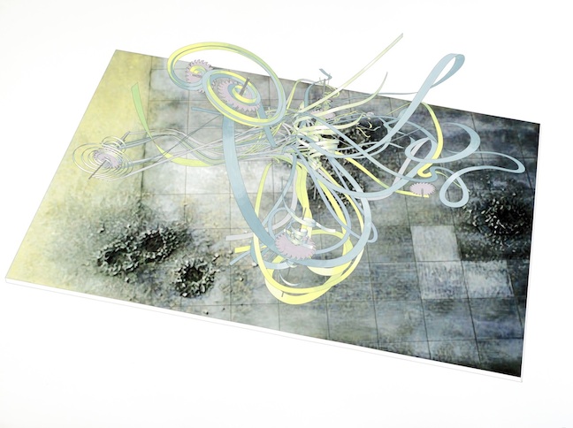 <h3>ALICE AYCOCK</h3>
						<h4> <em> From the Series Entitled 'Sum Over Histories' Timescape #3B Over a Bomb Field</em></h4>
						2011</br>
						Inkjet print and hand-painted watercolor on paper</br>
						47.75 x 64 inches</br>