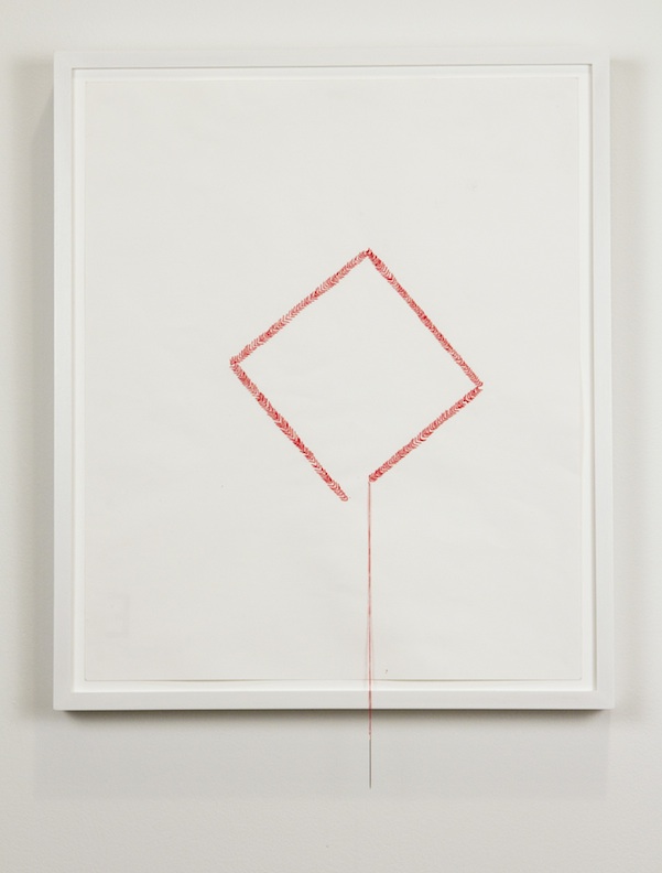 <h3>ELISSA GOLDSTONE</h3>
						<h4><em>Untitled (Baseball Drawing - Diamond)</em></h4>
						2010</br>
						Paper and coton thread with needle</br>
						19 x 15 inches</br>
                        