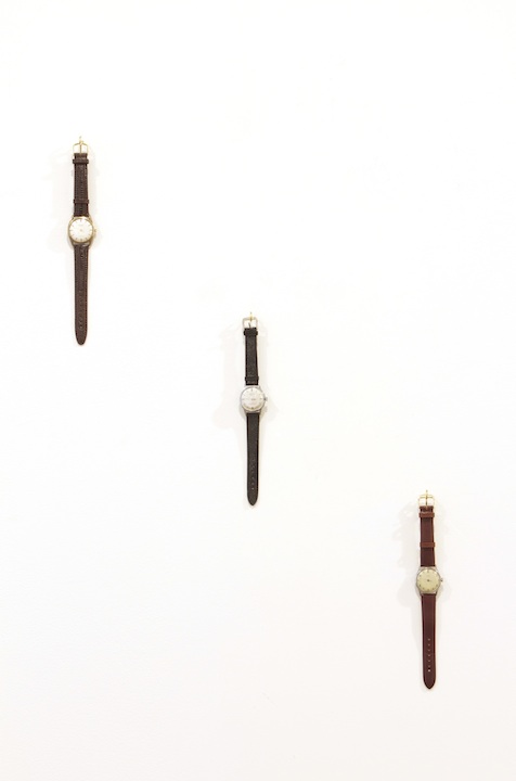 <h3>SEBASTIAN ERRAZURIZ</h3>
                        <h4><em>Personal Registration of Time Passing</em></h4>
                        2011</br>
                        Leather, metal, glass, and watch components</br>
                        Approximately 9 x 2 inches each</br>
                        Edition of 6 unique watches